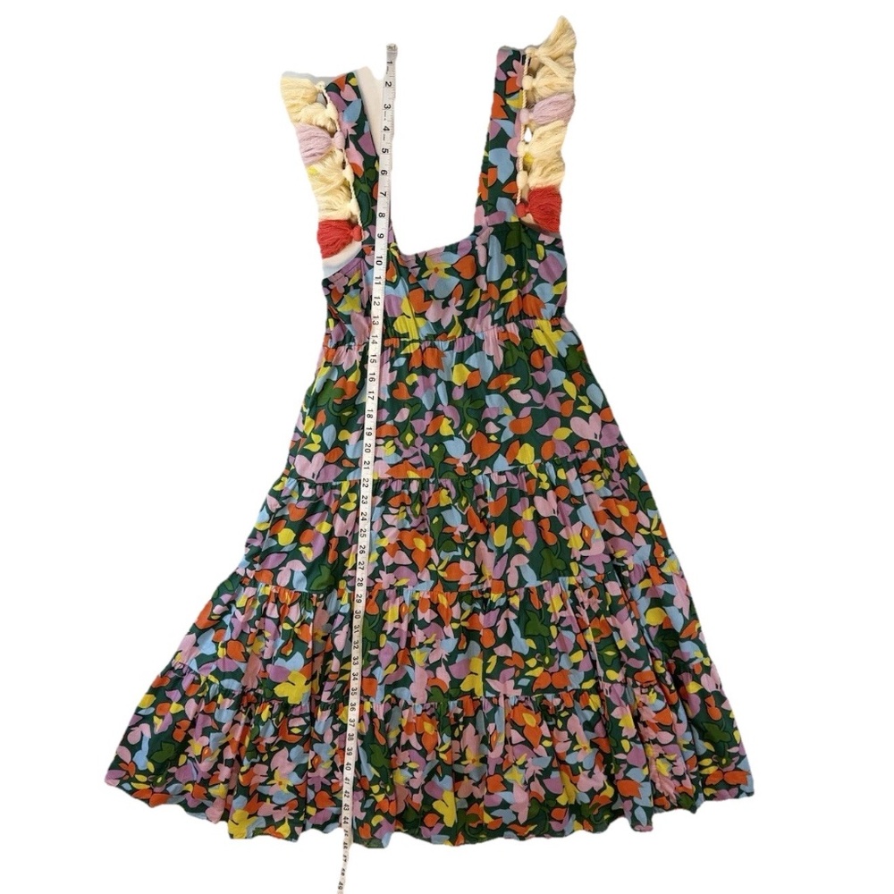 J.Crew Size XS Tassel Dress Confetti Green Floral Organic Cotton Tiered Midi - Picture 3 of 16